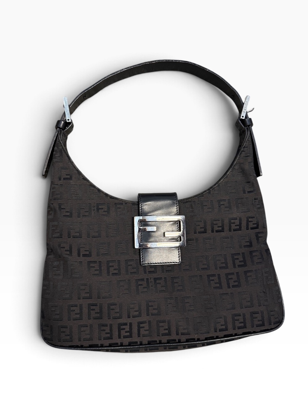 Vintage Fendi Black Zucchino FF Monogram Logo Mini Mamma Shoulder Bag Silver
